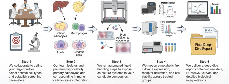 Process of our multi-receptor target engagement: immune cell-based anti-obesity drug screening service (Protheragen).