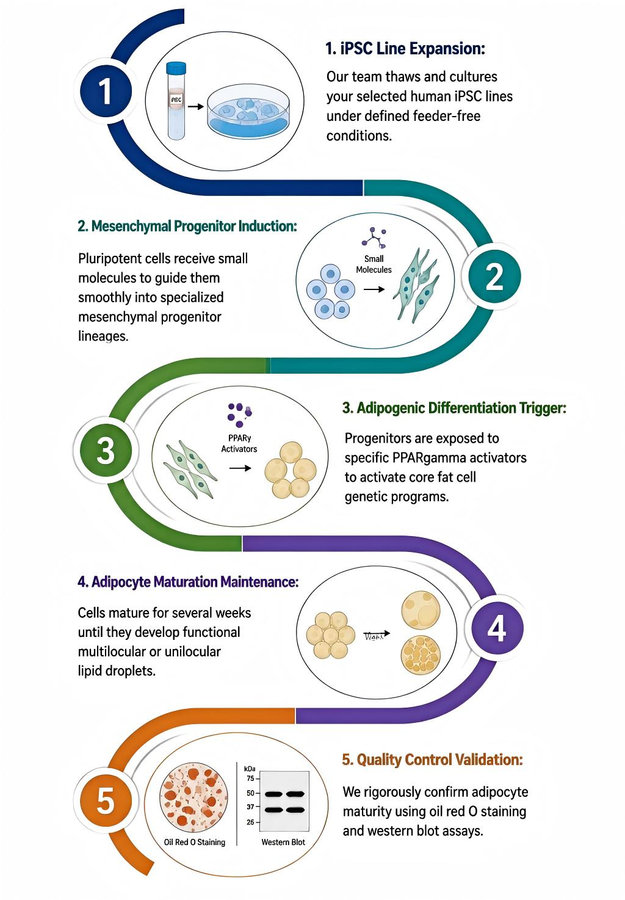 Process of our induced pluripotent stem cell (iPSC)-based adipocyte induction service. (Protheragen)