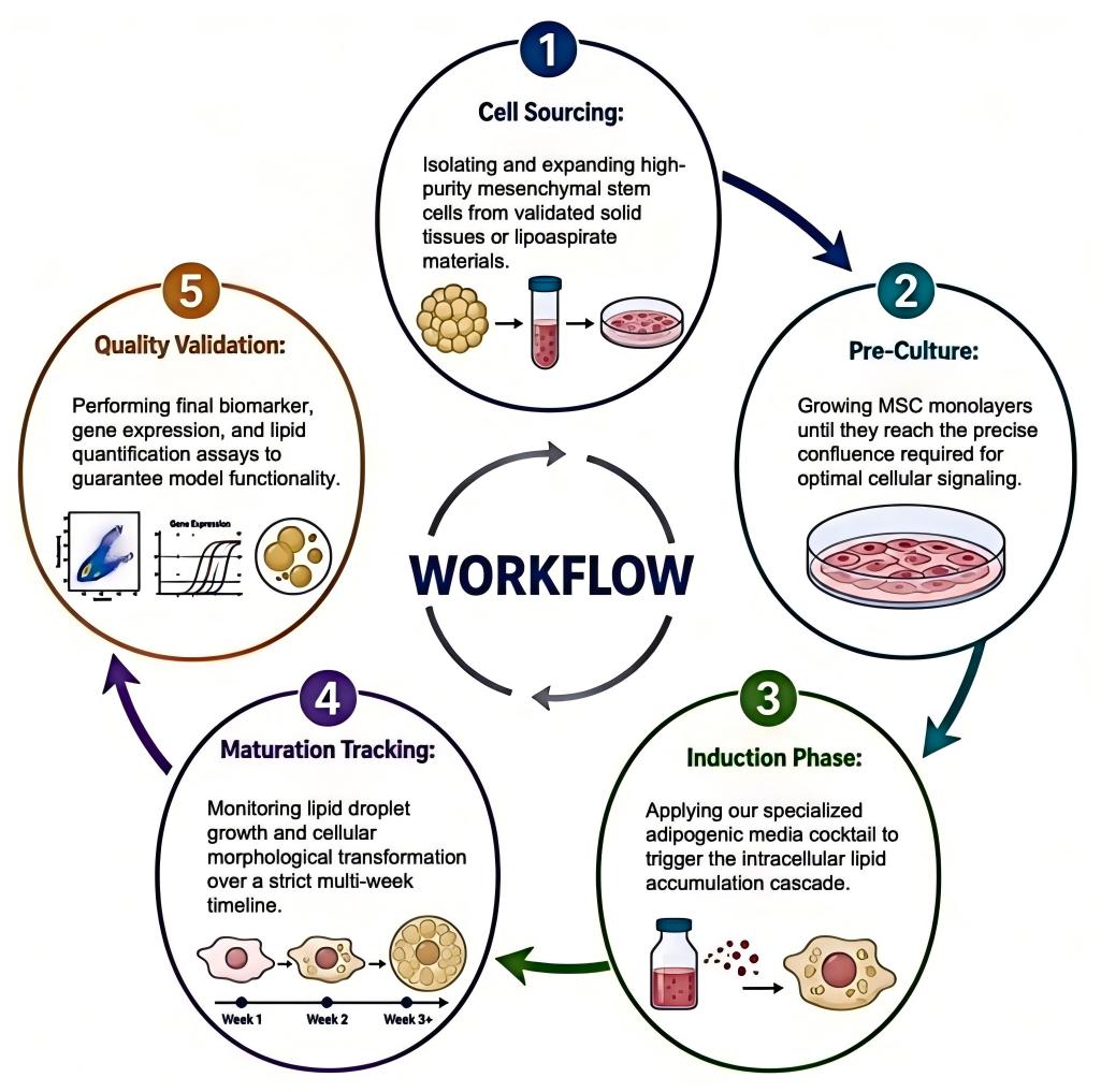Process of our mesenchymal stem cell (MSC)-based adipocyte induction service. (Protheragen)