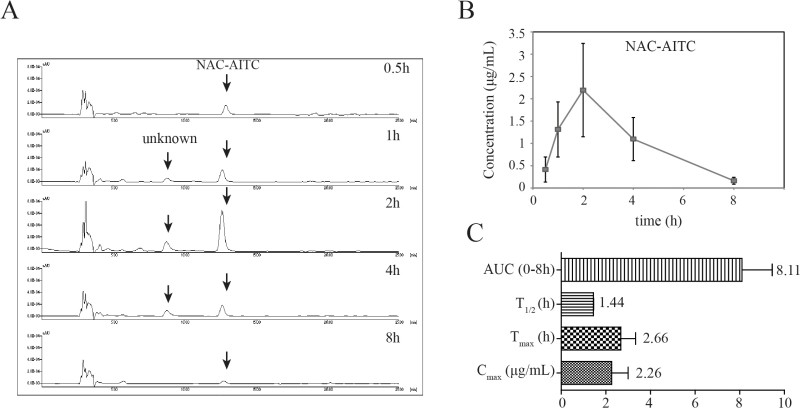 Fig.1 addresses urinary excretion: it presents HPLC chromatograms of AITC metabolites in urine, urine concentration-time profiles of NAC-AITC, and pharmacokinetic parameters for urinary NAC-AITC, while noting GSH-AITC is undetectable in urine. (Kim, et al., 2015)