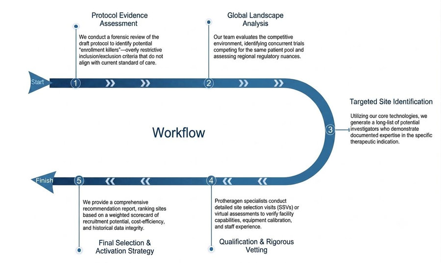 Process of our clinical feasibility & site selection service. (Protheragen)