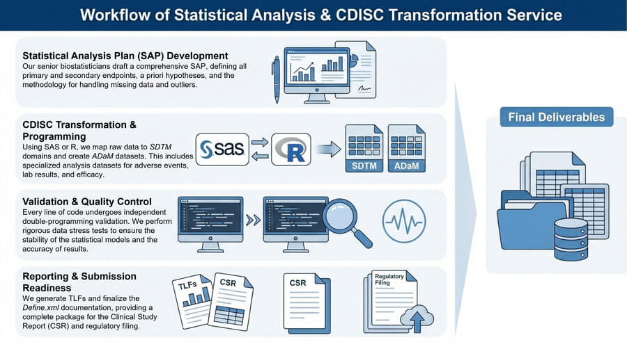 Process of our statistical analysis & cdisc transformation service (AI-Protheragen)
