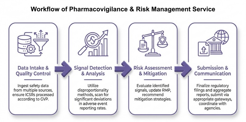Process of our pharmacovigilance & risk management services (AI-Protheragen)
