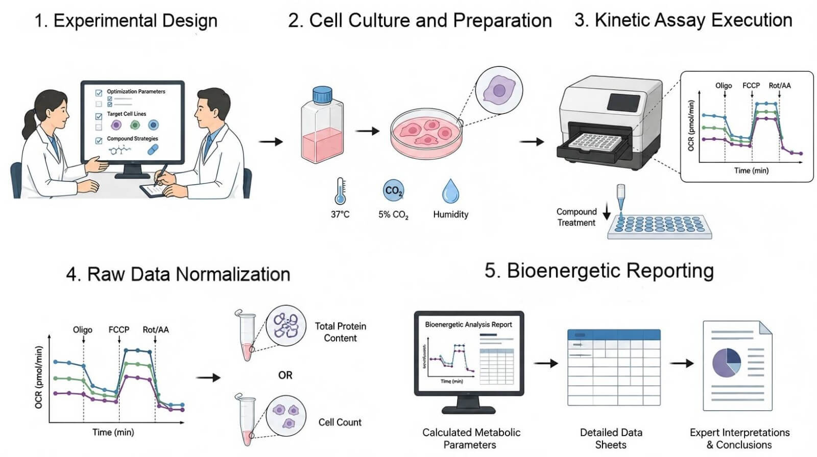Process of our cellular oxygen consumption rate (OCR) measurement service (Protheragen).